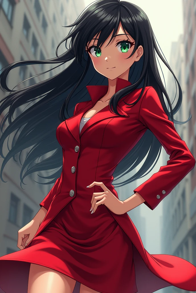 My hero academy character, age Woman, long black hair, green eyes and thin, red suit not glued , Skirt