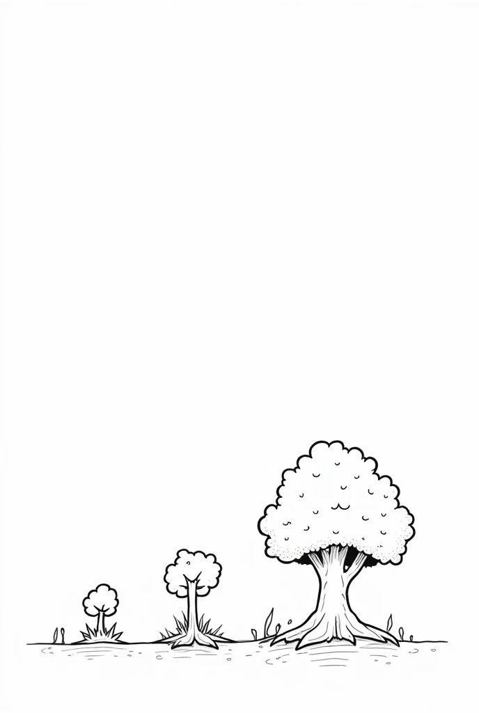 DRAW A BLACK AND WHITE CARTOON OF A SICK PLANT THAT HAS ALREADY RECOVERED AND TURNS INTO A BIG AND STRONG TREE