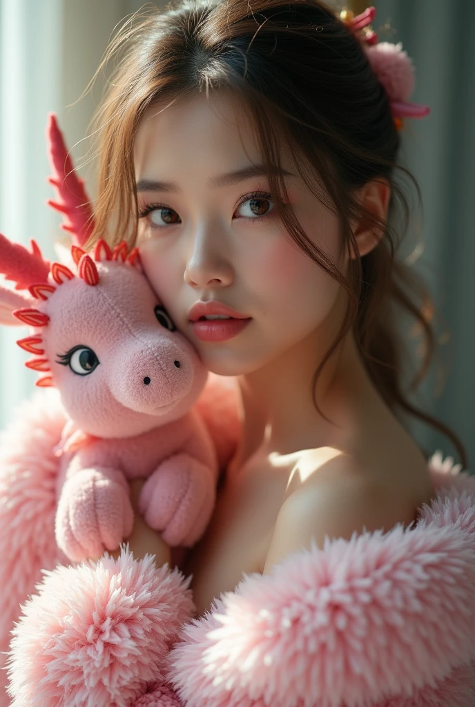 a sexy girl in plush clothes and a photo of a dragon, cute fur, (best quality,4k,8k,highres,masterpiece:1.2),ultra-detailed,(realistic,photorealistic,photo-realistic:1.37),1girl,beautiful detailed eyes,beautiful detailed lips,extremely detailed eyes and face,longeyelashes,plush fabric,fluffy,adorable,cozy,fantasy,dragon,whimsical,soft lighting,dreamy,pastel colors,cinematic