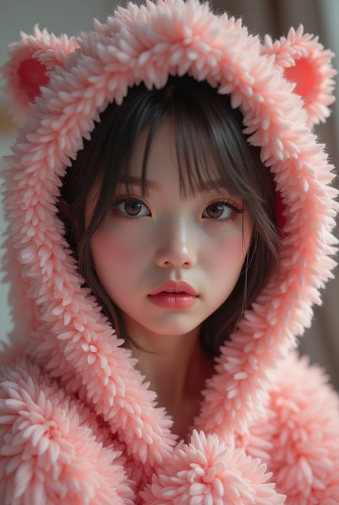 a sexy girl in plush clothes and a photo of a dragon, cute fur, (best quality,4k,8k,highres,masterpiece:1.2),ultra-detailed,(realistic,photorealistic,photo-realistic:1.37),1girl,beautiful detailed eyes,beautiful detailed lips,extremely detailed eyes and face,longeyelashes,plush fabric,fluffy,adorable,cozy,fantasy,dragon,whimsical,soft lighting,dreamy,pastel colors,cinematic