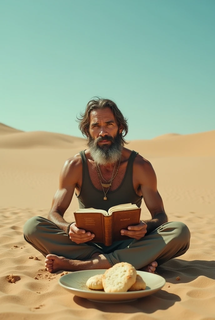 Create YouTube thumbnail of a man eating the Bible in the desert with a piece of bread on a plate next to him