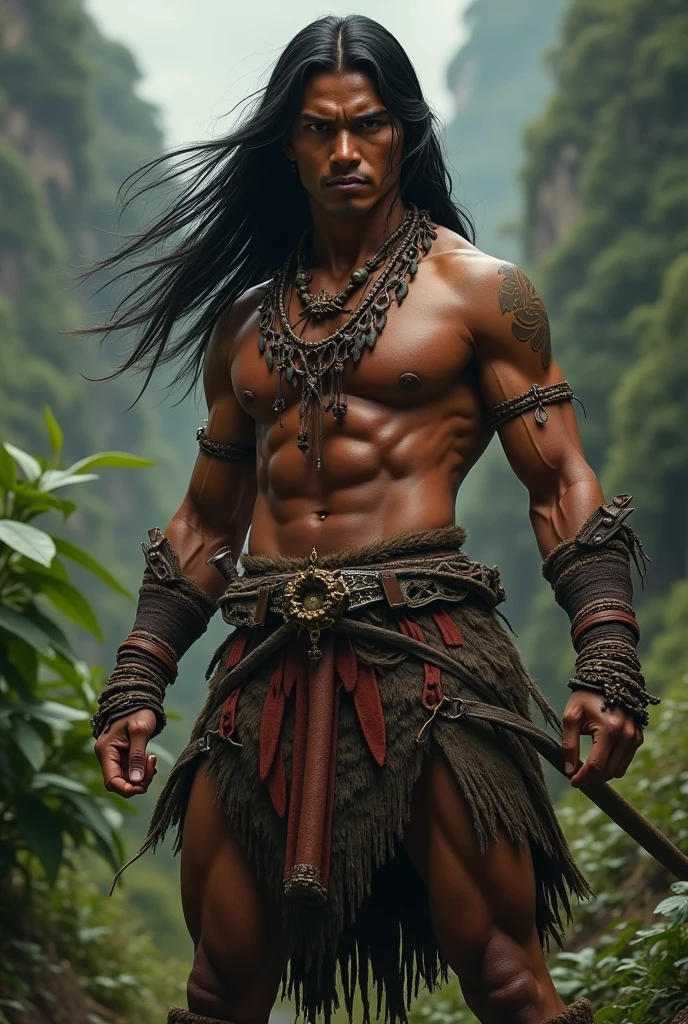 Filipino igorot in fighting position long hair