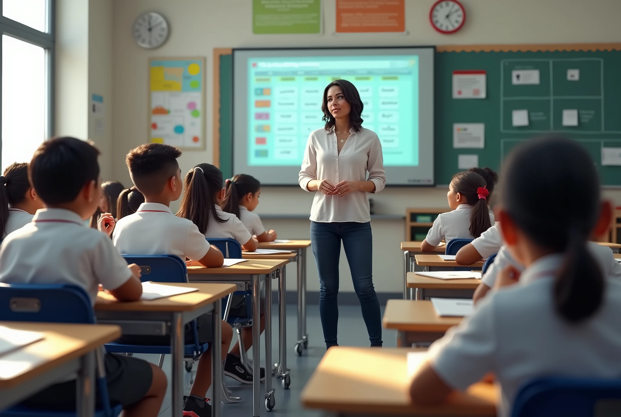 (CyberRealistic), 

Latino 6th grade students wearing student uniform, in a school classroom, sitting at their individual desks, taking notes and others giving their opinions on the class. The smiling teacher giving the social studies class. 
