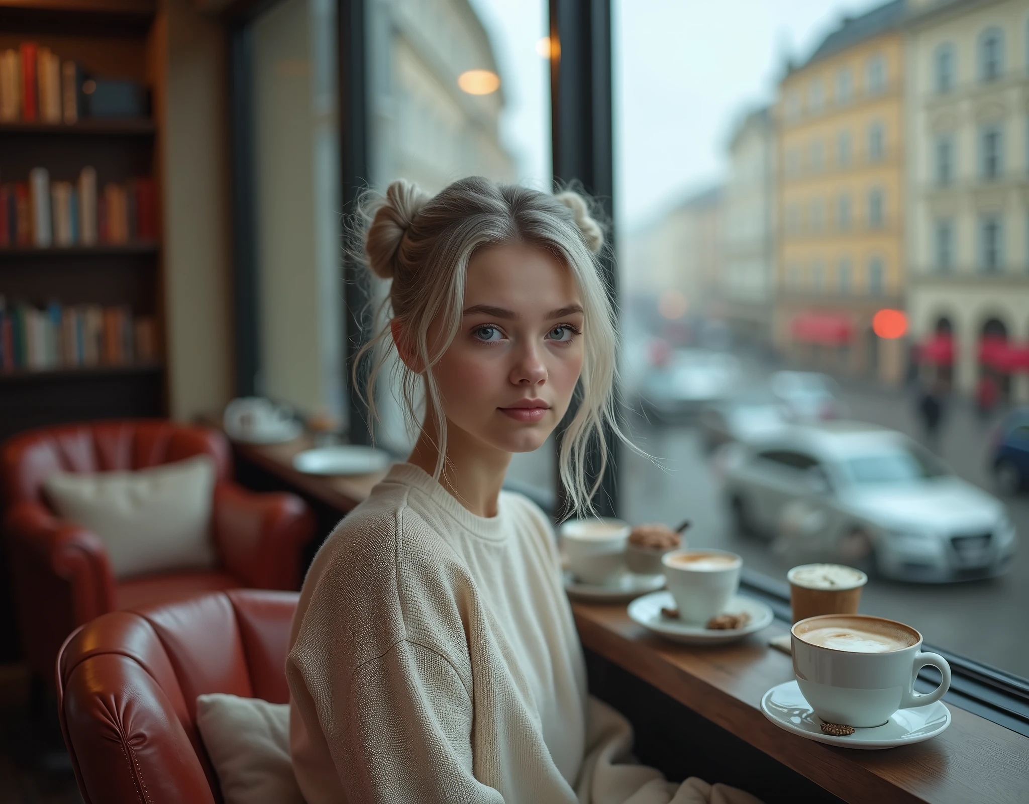 Beautiful girl with fair skin, 20 years, light gray hair gathered into two buns, Blue eyes, sits elegantly in a cozy coffee shop, a coffee shop with soft chairs and bookcases, Sits up straight, Look directly into the camera, in the background there is a large window with a view of St. Petersburg, Really, Photo, 4K