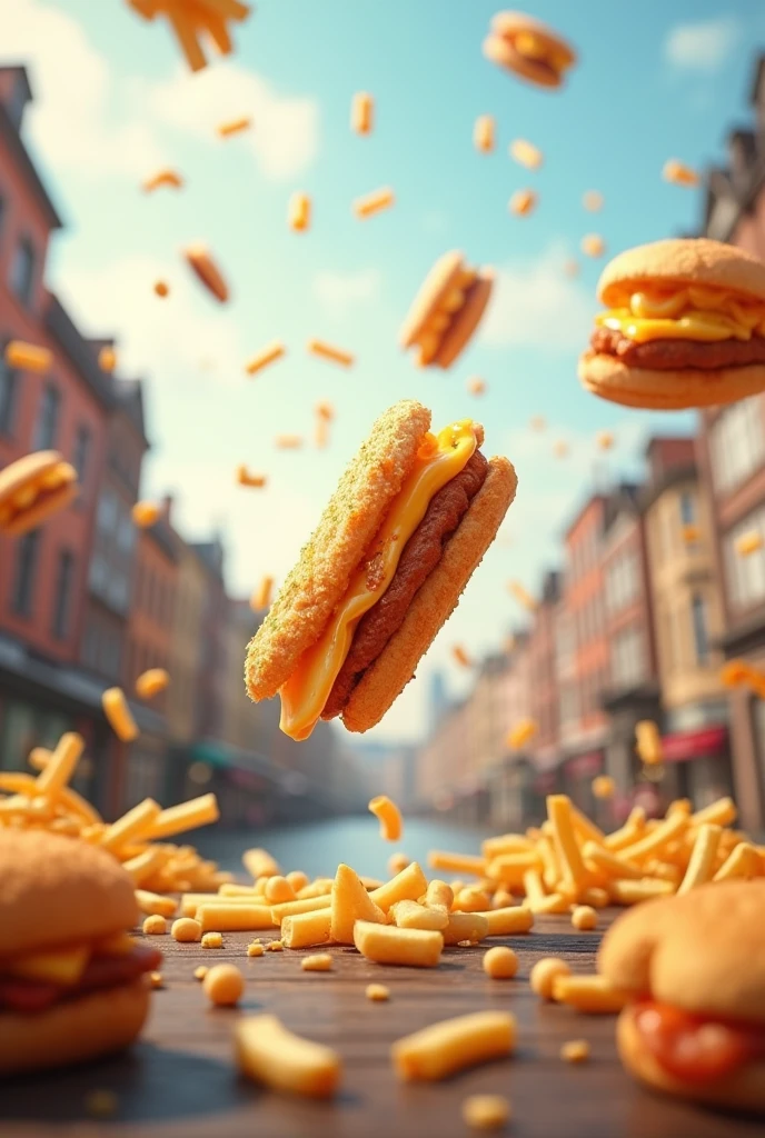 German Hamburg fish Bäcker Brötchen with fries flying with Remulade just one crispy Fish very very much of flying crispy fish Brötchen and Pommes in the air