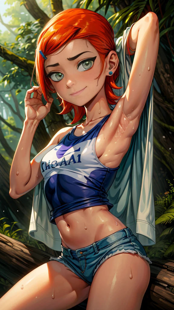 Character Gwem Tennyson a girl, perfect face perfect eyes perfect smile. Wearing a sleeveless shirt that reaches her belly button and short shorts , hands up you can see his armpits, High resolution 8K masterpiece covered in a lot of sweat hot day scenery in a forest medium breasts without a bra a lot of sweat on her body , cubierta de mucho sudor ropa mojada por sudor , pelo suelto corto , ojos perfecto no lleva sostén pezones.