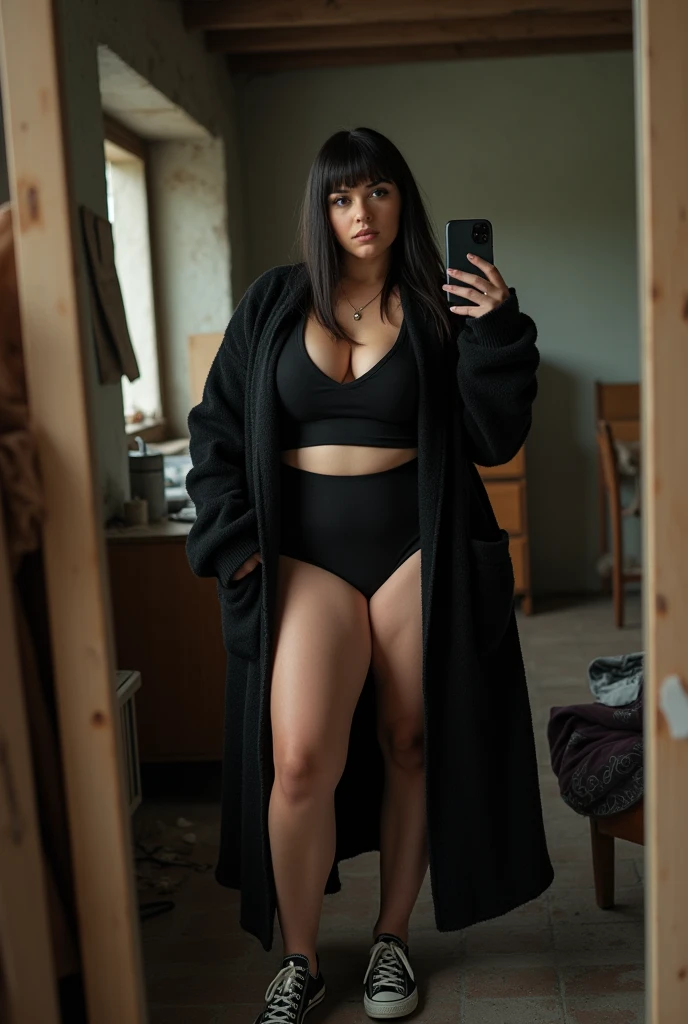 Who was an image of a curvy but thin girl?, but with big breasts who is taking a photo in a mirror with her iPhone 10, The girl should have straight bangs above the eyebrows and very straight, dark hair down to the waist..., You should also have Russian volume eyelash extensions.., From behind you can see his poor and messy room..., She should be dressed in shorts and a black coat., Low-cut T-shirt., and some converse sneakers. The girl must have a confident and seductive attitude.. The image must be very realistic and the aesthetics must be similar to that of the turras...