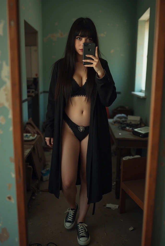 Who was an image of a curvy but thin girl?, but with big breasts who is taking a photo in a mirror with her iPhone 10, The girl should have straight bangs above the eyebrows and very straight, dark hair down to the waist..., You should also have Russian volume eyelash extensions.., From behind you can see his poor and messy room..., She should be dressed in shorts and a black coat., Low-cut T-shirt., and some converse sneakers. The girl must have a confident and seductive attitude.. The image must be very realistic and the aesthetics must be similar to that of the turras...