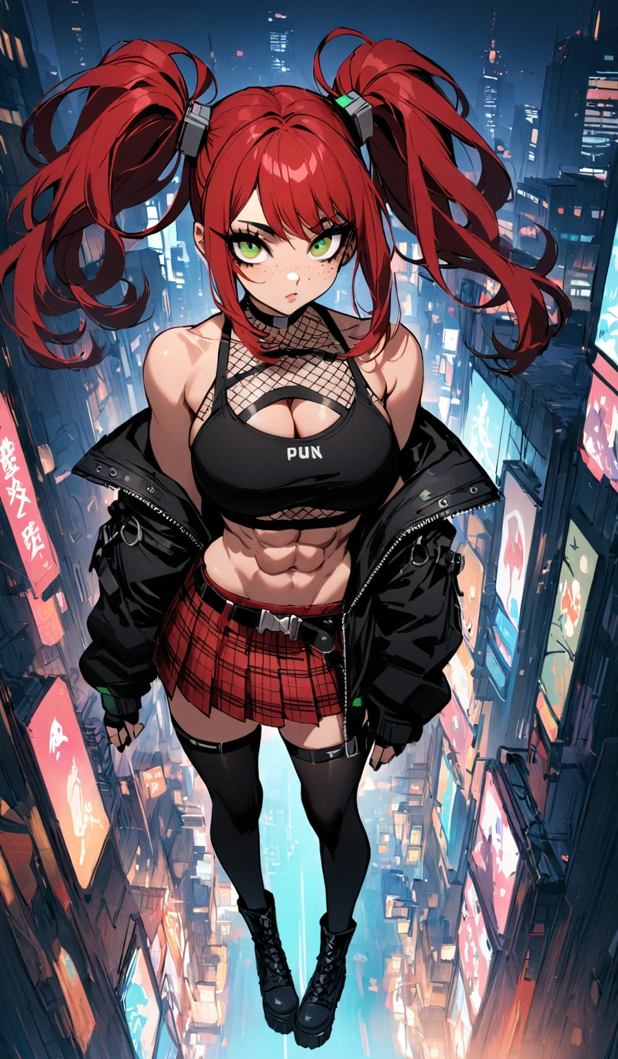 woman, stoic, curly red hair in pig tails, green eyes, black eyeshadow, wearing crop top black shirt, long black jacket, red plaid skirt, black knee high boots, black fingerless gloves, exposed shoulders, large breasts, freckles, abs, cleavage, looking up at viewer, masterpiece, best quality, Holo-Punk Style, cityscape, make up, eyelashes, fish net undershirt, fish net stockings, (full body)