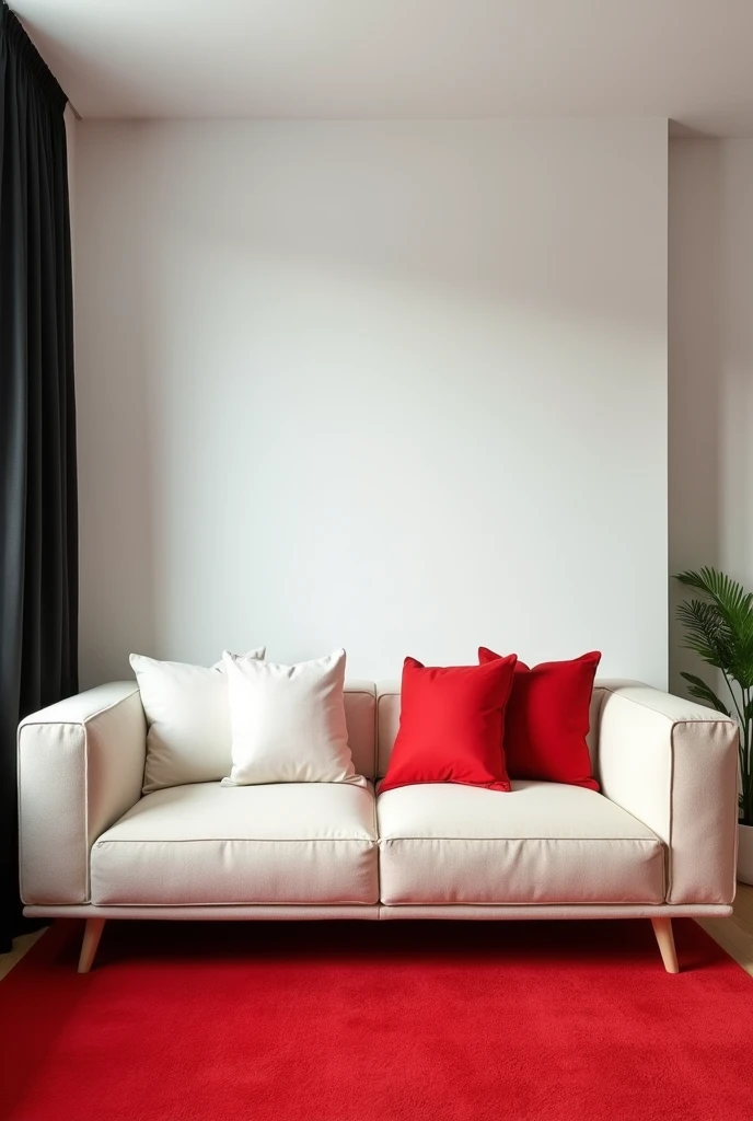 A small room with white walls black curtains and has a bright red carpet and cream white
couch which has three throw pillows whereby two of them are white and the middle one is red