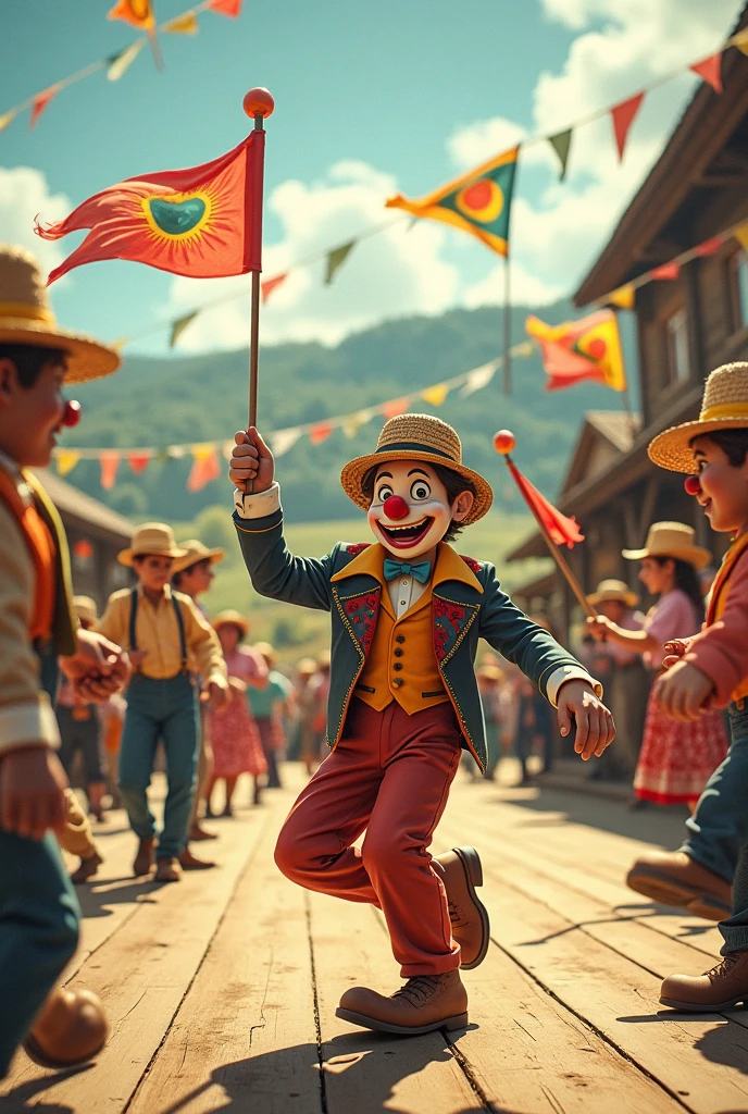 a clown or juggler dancing square dance, with details like straw hats and flags.