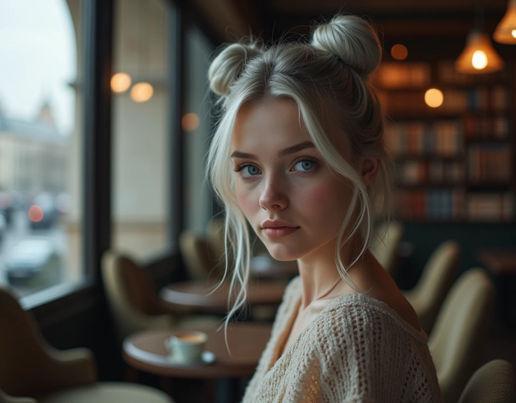 Beautiful girl with fair skin, 20 years, light gray hair gathered into two buns, Blue eyes, sits elegantly in a cozy coffee shop, a coffee shop with soft chairs and bookcases, Sits up straight, Look directly into the camera, in the background there is a large window with a view of St. Petersburg, Really, Photo, 4K, dark atmosphere