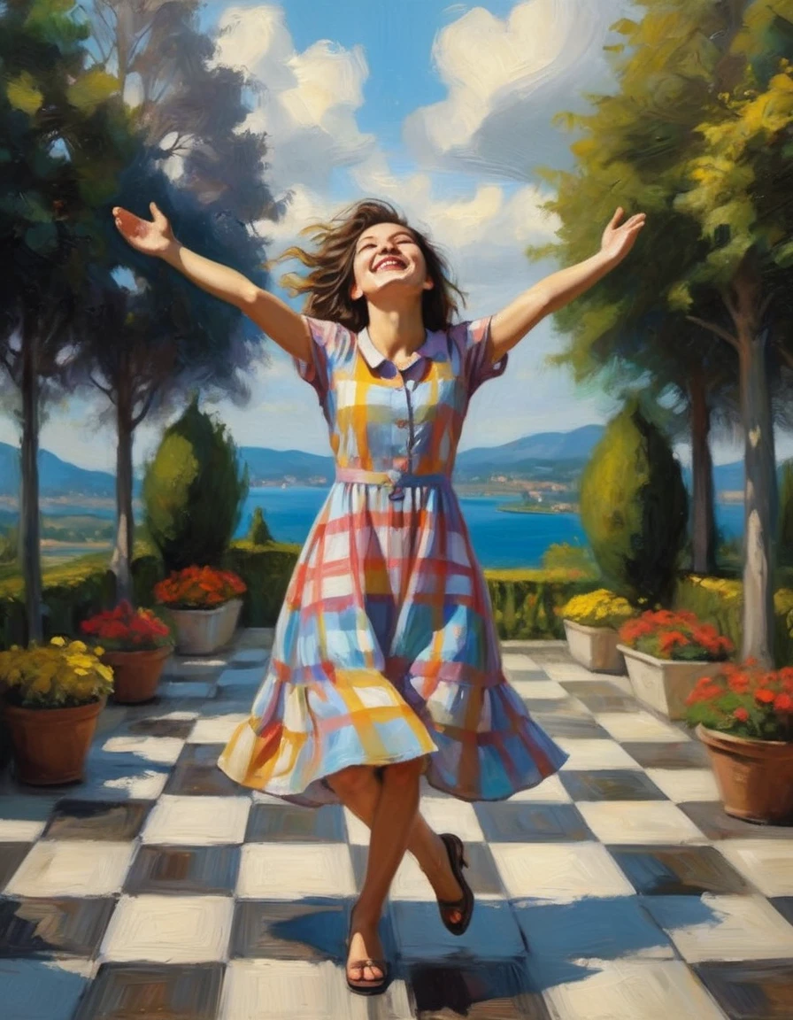 (scene of joy) a young dreamy girl joyfully inhales fresh air with her arms spread, a sweet joyful smile, in a checkered dress (in the style of Carlo Bellagio), ((fresh oil palette canvas/acrylic)), Intricate, Extreme Detail, Complex key, ((Single Shot)), ((Best Quality)), ((Masterpiece)), ((Realistic)), 8k