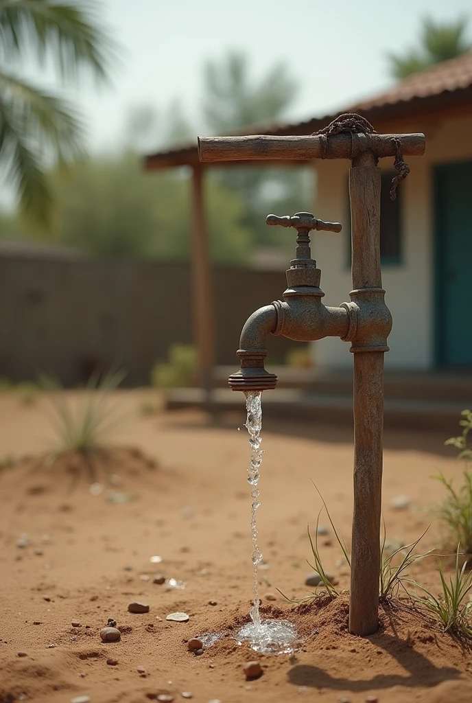 A backyard of a house with water shortages with a tap hanging from a stick