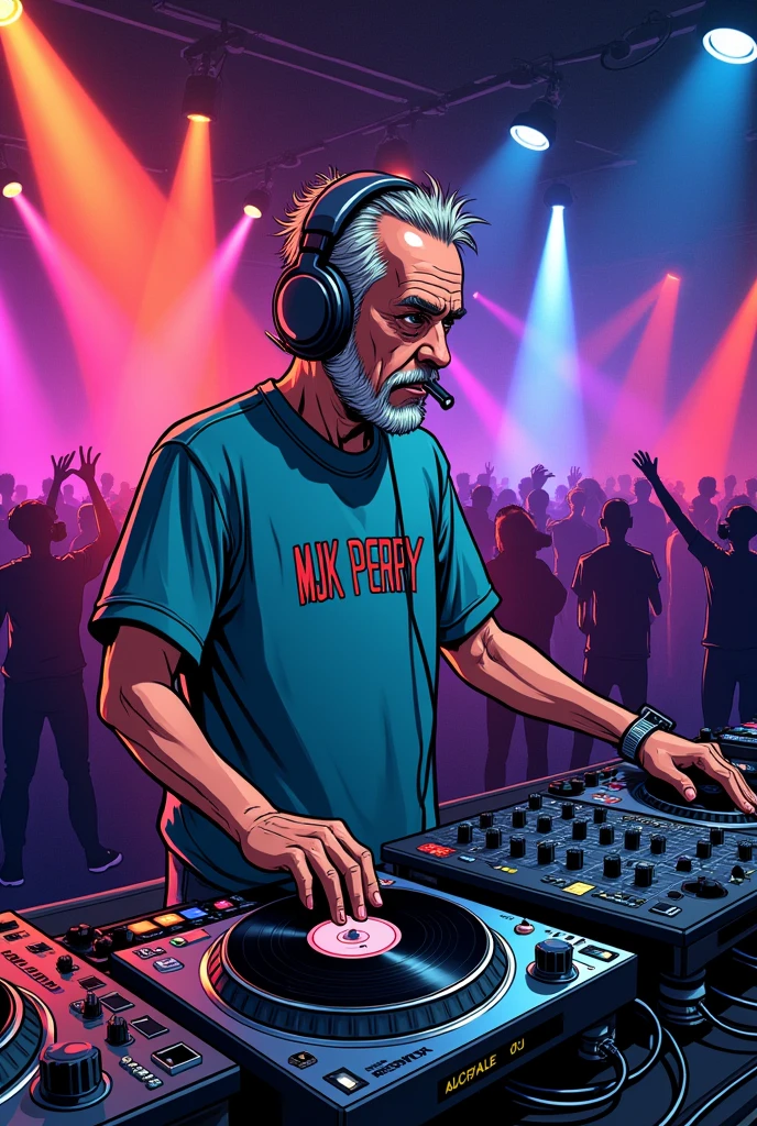 Older DJ, Headphones, tao, Techno, comic style, Club,