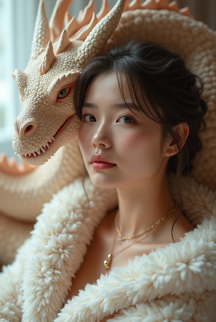 une fille sexy dans des vêtements en peluche et une photo d’un dragon, fourrure mignonne, (best quality, 4K, 8k, high resolution, masterpiece :1.2),ultra-detailed,(realistic,photorealistic,photo-realistic :1.37),1fille,Beautiful detailed eyes,beautiful detailed lips,extremely detailed eyes and face,longs cils,tissu en peluche,moelleux,adorable,comfy,fantasy,dragon,fantaisiste,soft lighting,dreamer,pastel colors,cinematic