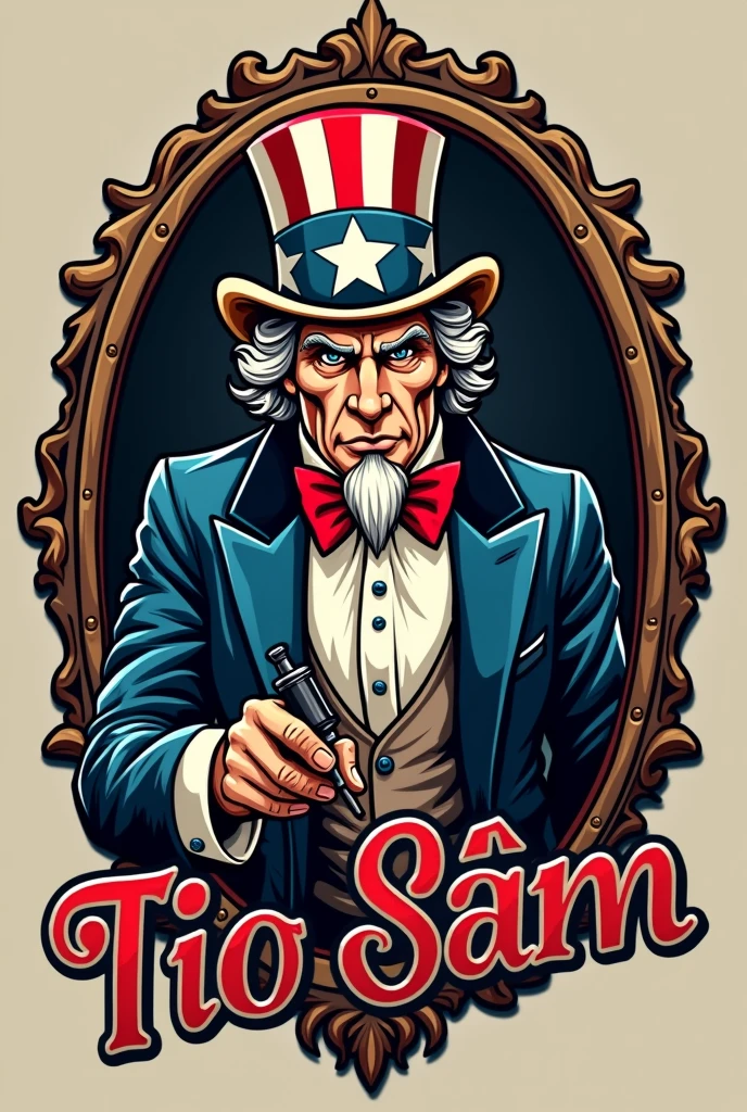Create a logo called "Tio Sam"
The idea is to show Uncle Sam as if he were a professional tattoo artist coming out of a mirror and below the image the name of the company. Remember I want a logo for a professional tattoo studio.