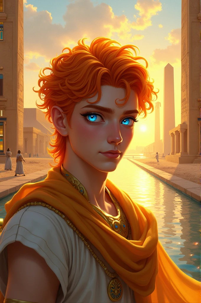 Orange haired boy with white, yellow eyes with blue, prince of egypt