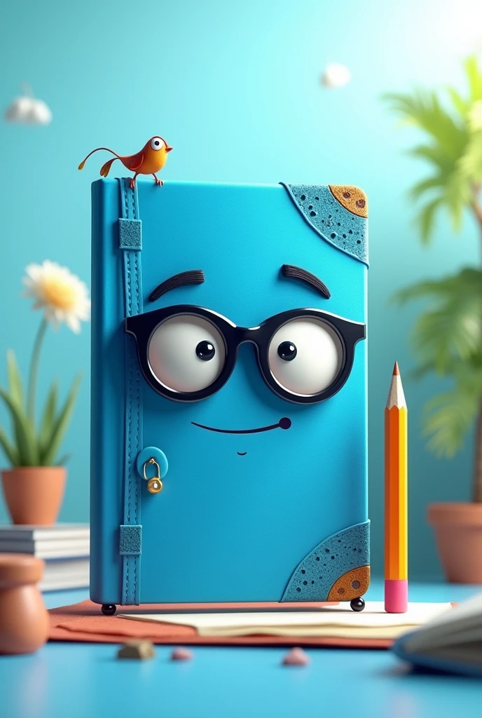 a bright blue notebook with black glasses and holding an animated pencil