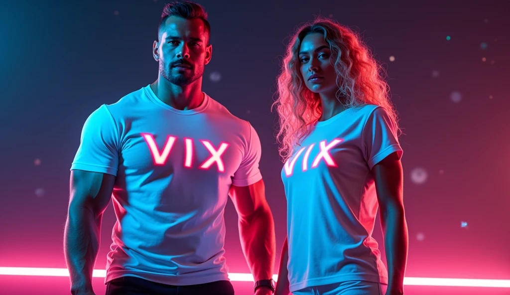A man with muscles and a woman fitness, dressed in long white t-shirts, with the word "Vix" na camiseta, new fashion, announcement, neon color explosion, in deep space