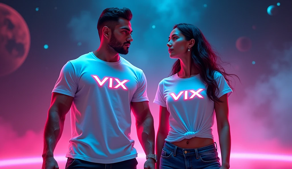 A man with muscles and a woman fitness, dressed in long white t-shirts, with the word "Vix" na camiseta, new fashion, announcement, neon color explosion, in deep space