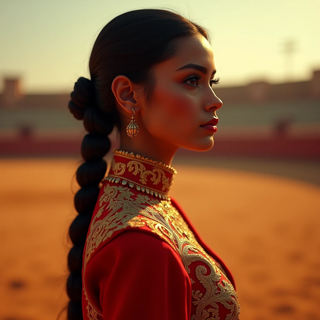 "A side profile of a brown-skinned woman with a long braid tied close to the nape, her head slightly tilted down towards her shoulder. She is dressed in a fitted, traditional bullfighter outfit adorned with intricate gold embroidery on vibrant red fabric. The woman has a prominent nose, typical of Romaian ethnicity. The background features a bullring with a warm, slightly orange hue and a cinematic grain effect.