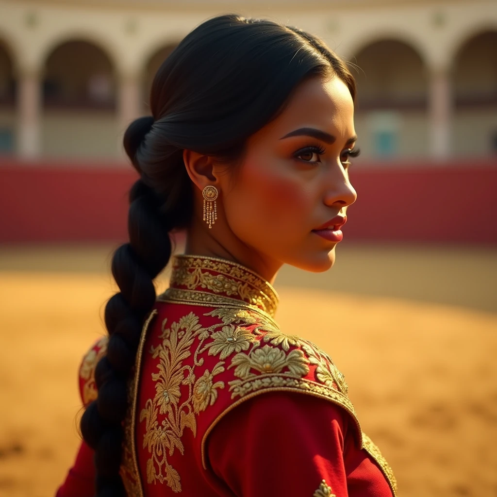 "A side profile of a brown-skinned woman with a long braid tied close to the nape, her head slightly tilted down towards her shoulder. She is dressed in a fitted, traditional bullfighter outfit adorned with intricate gold embroidery on vibrant red fabric. The woman has a prominent nose, typical of Romaian ethnicity. The background features a bullring with a warm, slightly orange hue and a cinematic grain effect.