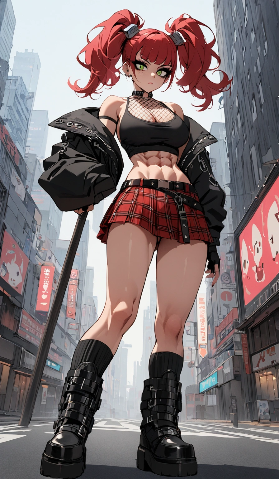 woman, stoic, curly red hair in pig tails, green eyes, black eyeshadow, wearing crop top black shirt, long black jacket, red plaid skirt, black knee high boots, black fingerless gloves, exposed shoulders, large breasts, freckles, abs, cleavage, looking down at viewer, masterpiece, best quality, Holo-Punk Style, cityscape, make up, eyelashes, fish net undershirt, fish net stockings, (full body), legs crisscrossed