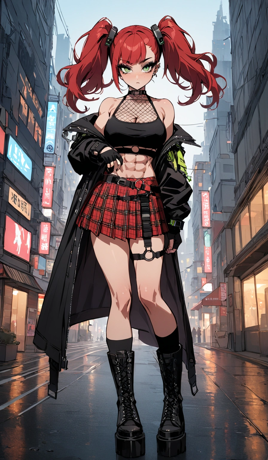 woman, grin, curly red hair in pig tails, green eyes, black eyeshadow, wearing crop top black shirt, long black jacket, red plaid skirt, black knee high boots, black fingerless gloves, exposed shoulders, large breasts, freckles, abs, cleavage, looking up at viewer, masterpiece, best quality, Holo-Punk Style, in the city, make up, eyelashes, fish net undershirt, fish net stockings, (full body)