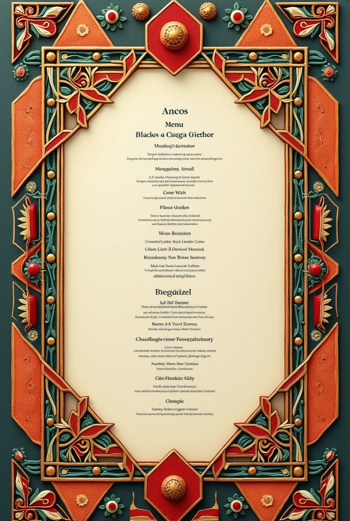 Internal design for a gourmet restaurant menu with pre-Hispanic aesthetics in Colombia where the frame is made from indigenous geometry