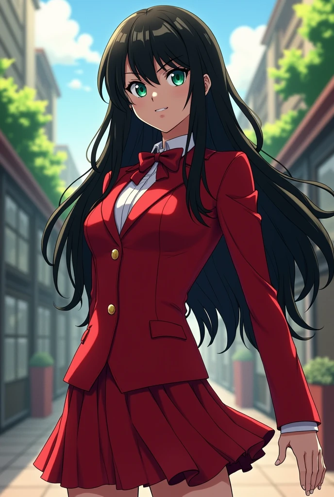 My hero academy character, Teenage Woman, long black hair, green eyes and medium build red suit not tight , Skirt