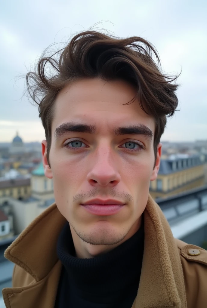selfie photo outdoor close up photo, Parisian rooftop, An Italian boy 22, with blue eyes, simple,
