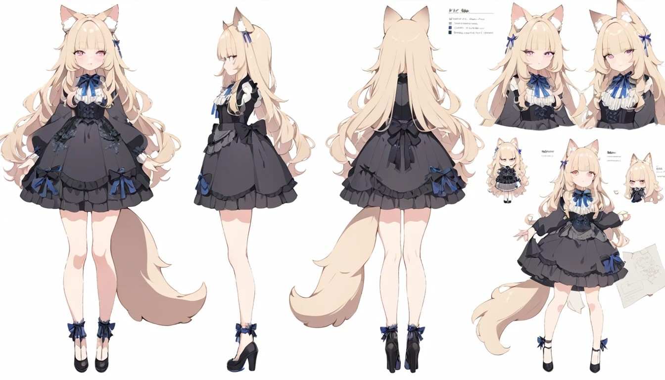 (best quality, masterpiece),cute, standing girl, three view drawing, front and back and side, character sheet,full body,simple background, 1girl, blunt bangs, ash blonde hair, blue and black lolita goth dress, pink eyes, curly long hair, blue ribbons in hair, fluffy dog ears, wolf tail, standing up, brown skin,