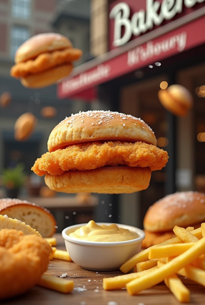 German Hamburg fish Bäcker Brötchen with fries flying with Remulade just one crispy Fish very very much of flying crispy fish Brötchen and Pommes in the air
In the middle Platz lassen für Logo