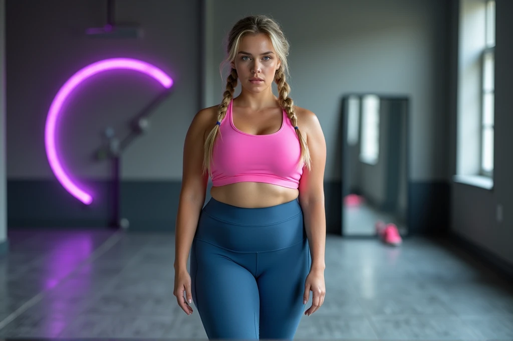 Blonde Russian girl 20 years old. Sexy woman in sports sexy clothes, sports pink top, sports blue leggings. Large breasts, curvy medium shapes and protruding buttocks, 20% fat, 3 breast size, Photo taken from the front, lens 1.4 G master 80mm. She is wearing sneakers. Two long braids. bright blue eyes. After training sweaty tired, Photo taken from the front, the model looks forward half-turned, pink sneakers, High resolution image. Realistic image, empty hall on the floor gray parquet to the right of the mirror in the floor and in the background neon PURPLEring, full-length image, super detailed skin. (((best quality))), -nsfw -imagine - naked-- super realistic-