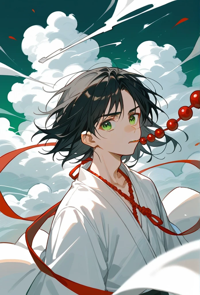score_9_up,score_8_up,((manga style)), boy, Black Hair, green eyes, medium hair, bangs, (forehead:0.6), wind, smoke, white kimono, halter top, red beads,