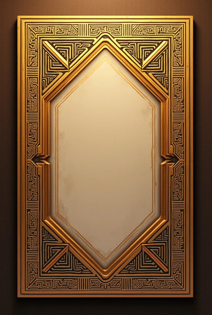 Internal design for a gourmet restaurant menu with pre-Hispanic aesthetics in Colombia where the frame is made from indigenous geometry and its main colors are gold and brown