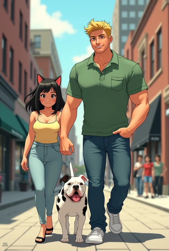 i wanna see a 5'4 very chubby japanese woman with cat ears, medium size dark black hair, dark brown eyes, light yellow spaghetti strap top, light jeans pants and black high heels on the streets of philadelphia, with her chubby boyfriend who is 6,4 strong, tall, blond guy with green eyes, with jeans pants, white sneakers and green polo shirt with a left side pocket, and a white pitbull with black spots