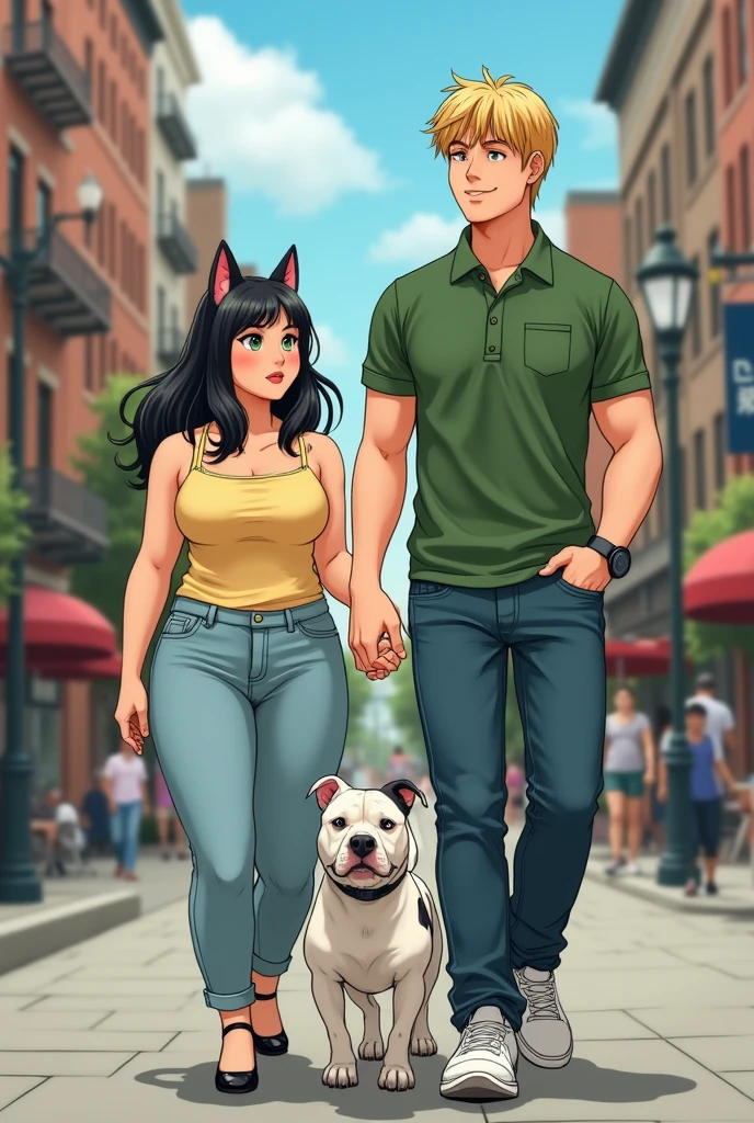i wanna see a 5'4 very chubby japanese woman with cat ears, medium size dark black hair, dark brown eyes, light yellow spaghetti strap top, light jeans pants and black high heels on the streets of philadelphia, with her chubby boyfriend who is 6,4 strong, tall, blond guy with green eyes, with jeans pants, white sneakers and green polo shirt with a left side pocket, and a white pitbull with black spots