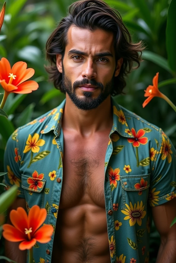 A Brazilian man in a lush tropical garden, wearing an open shirt with a floral print, with a close-up capturing the harmonious beauty between her chest and the natural flowers, showing off your natural charm and outgoing personality.