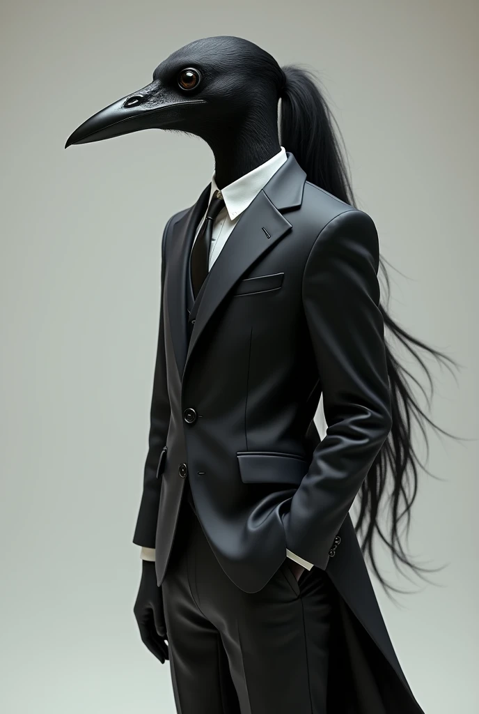 Humanoid crow in suit with ponytail hair
