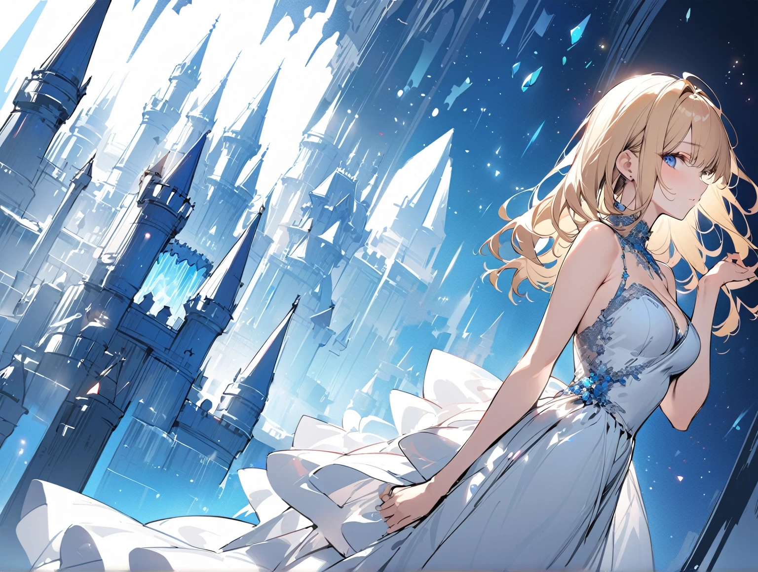 masterpiece, acura, 1girl, solo, elegant dress, long blonde hair, ice castle background, line drawing, looking at viewer, blank expression, blue eyes, profile-close up photogenic pose ((sketch)),from side,((dynamic angle)),((dynamic pose)),