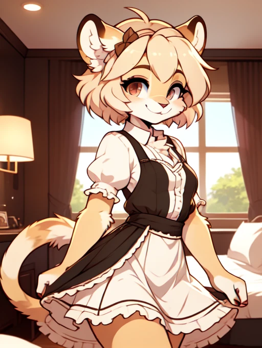 A lovely busty anthropomorphic lioness dressed as a not so innocent and flirtatious maiden. She has medium, Blonde hair cut with clips and blue ears.. She is in a seductive pose on a bed in a hotel room.. She looks happy with dreamy brown eyes and a radiant smile. . She wears a black and white maid outfit with a cardigan., a shirt, and a skirt. Its tail is curly and long... The art has an anime style.. The POV is from behind., slightly above your eye level.