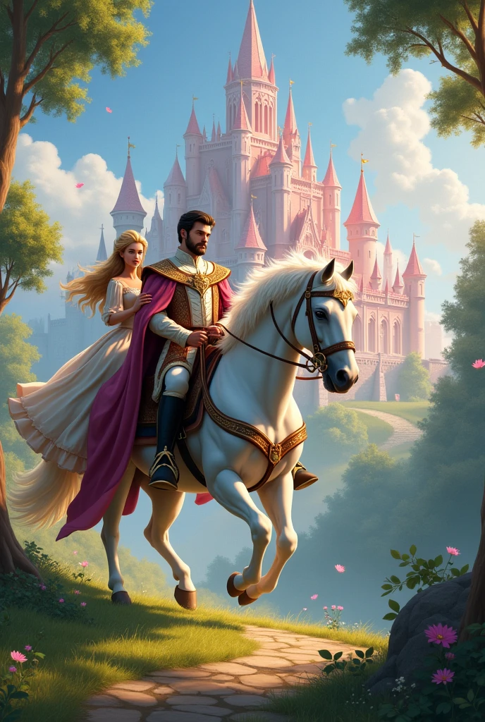 Perfect tall and handsome king with dark short hair ride white horse together with beautiful princess with so long blonde hair together behind them have big pink luxury castle from far away view 2 person on horse back together