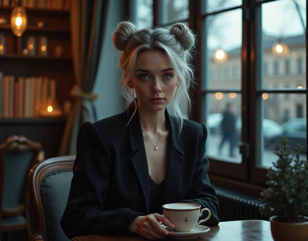 Beautiful girl with fair skin, 20 years, light gray hair gathered into two buns, Blue eyes, sits elegantly in a cozy coffee shop, coffee shop in dark tones, a coffee shop with soft chairs and cabinets with books and garlands,  Sits up straight, Look directly into the camera, in the background there is a large window with a view of St. Petersburg, Really, Photo, 4K, dark atmosphere 