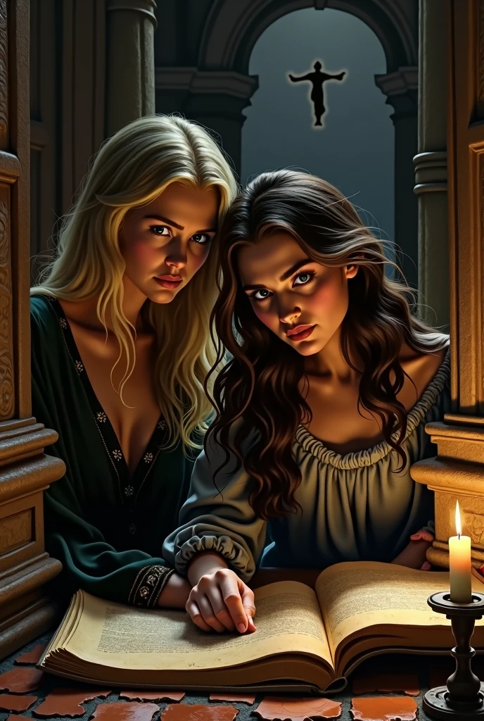 beautiful womens; looking for a forbidden book in ancient library with a lost of mistery and secrets; caravaggio painting; naked women ; violet sorrengail; two womens interacting with the books; chiarosescuro; no purple hair; first woman blonde and second woman brown hair; architecture; full vaulted arch; pillars; searching and reading a book; scared; suspanse; terror; shadows; candle with strong light