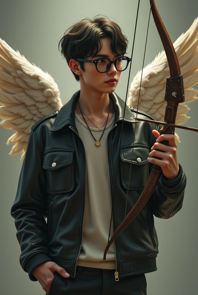Help me create a cupid silhouette that looks modern, actual, that doesn't look cliché, that has a vintage style and that has glasses and a leather jacket that has the cupid's bow in his hand