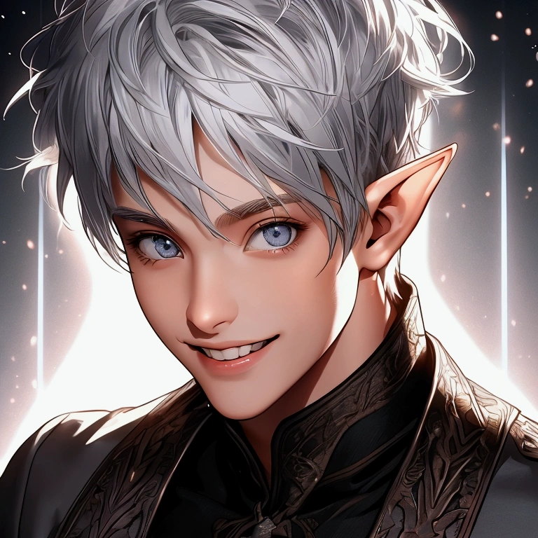 (masterpiece, very high quality photo, CGI effect, lighting effect, shading effect), a male elf, bright gray eyes, short platinum hair, (exclusive image of the character's face only), (a confident smile on his face , looking at the viewer)