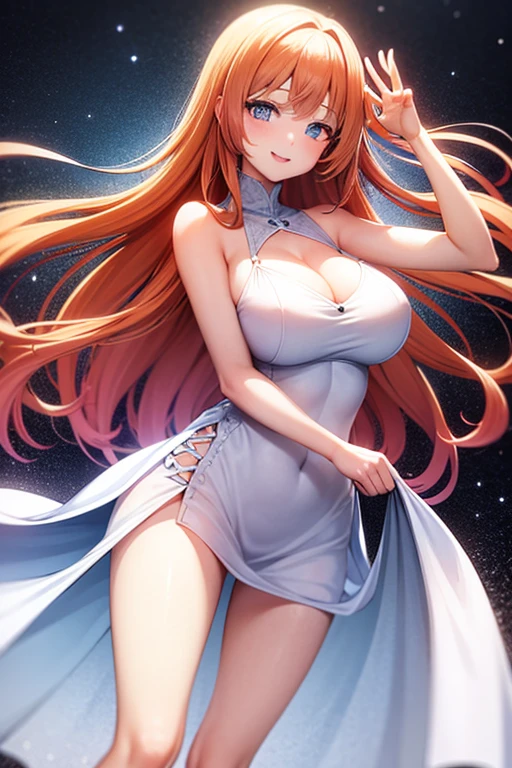 1girl, long strawberry blonde hair, blue eyes, long white dress, smiling, curvy, waving