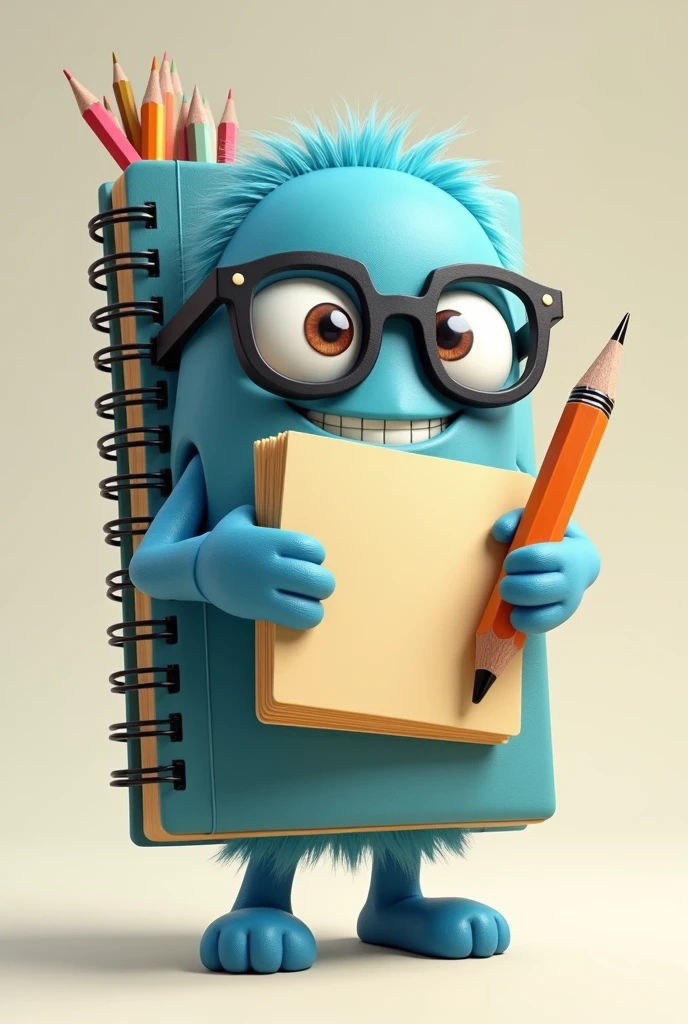 a living notebook with little blue hands and feet with black glasses and holding an animated pencil